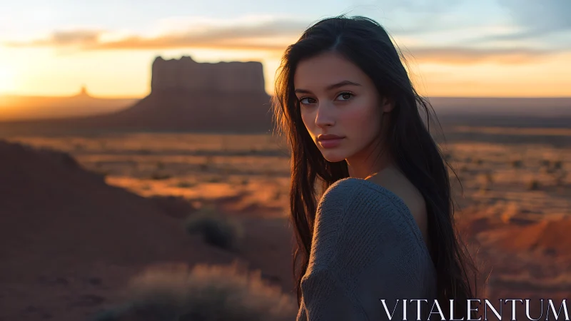 Woman looks back over desert landscape at sunset light.