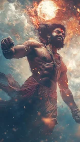 Sky-scorching titan laughs as a burning sun crowns him