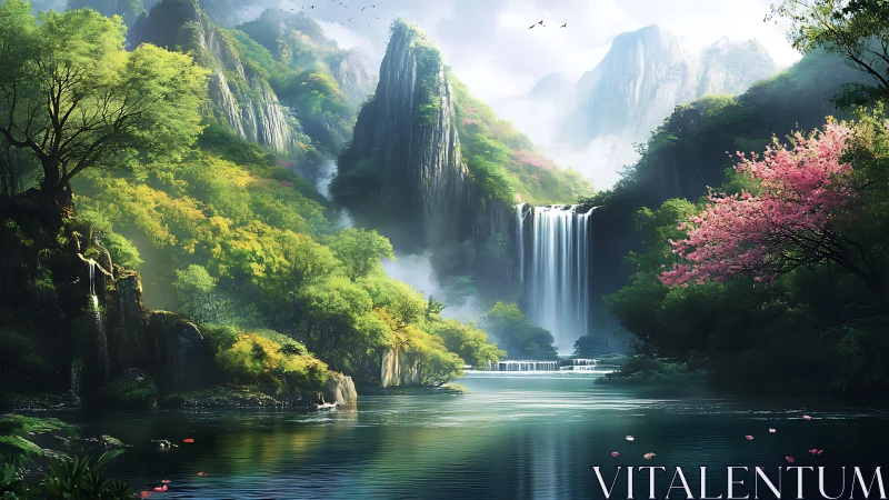 Luminous mountain waterfall valley with verdant spring foliage.