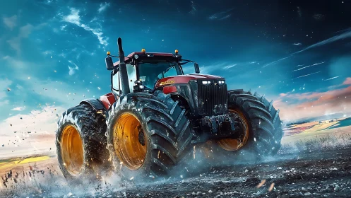 Turbo-charged red tractor tearing through neon twilight fields.