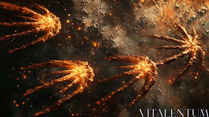 Radiant claw-like meteoroids traverse a turbulent cosmic nebula