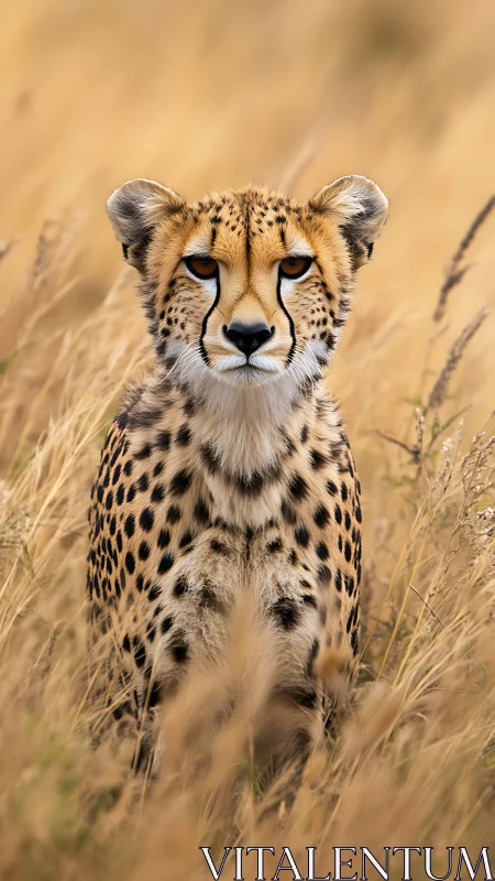 Cheetah portrait poised in tall golden savanna grassland.