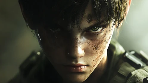 Close frontal view shows rendered soldier’s dirt marked face