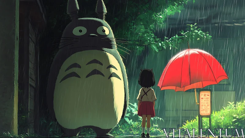 Gentle forest giant and child sharing a quiet rainy moment.