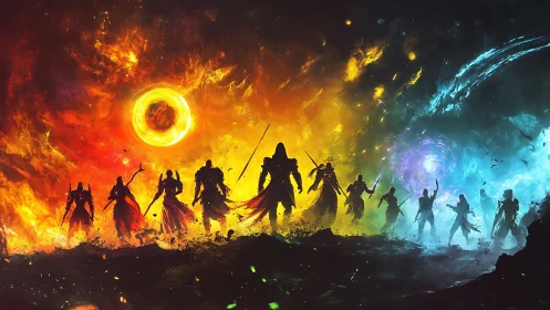 Elemental warriors aligned beneath fractured cosmic sky.