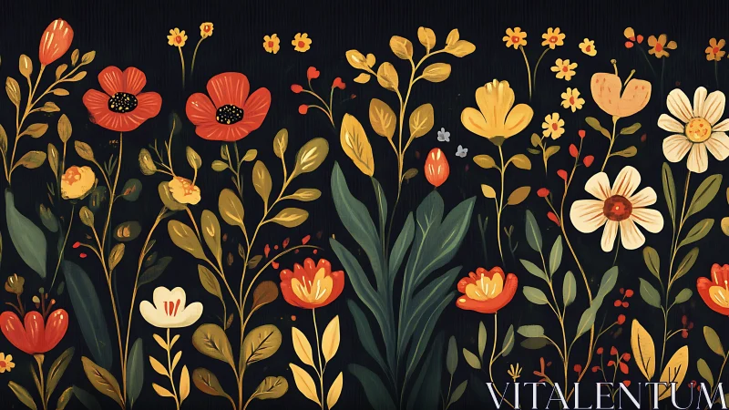 Botanical Garden: Hand-Painted Floral Composition Against Deep Charcoal.