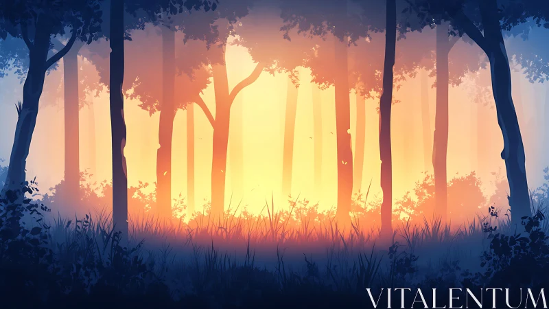 Forest Sunrise Through Trees. Golden Light Breaks Darkness.