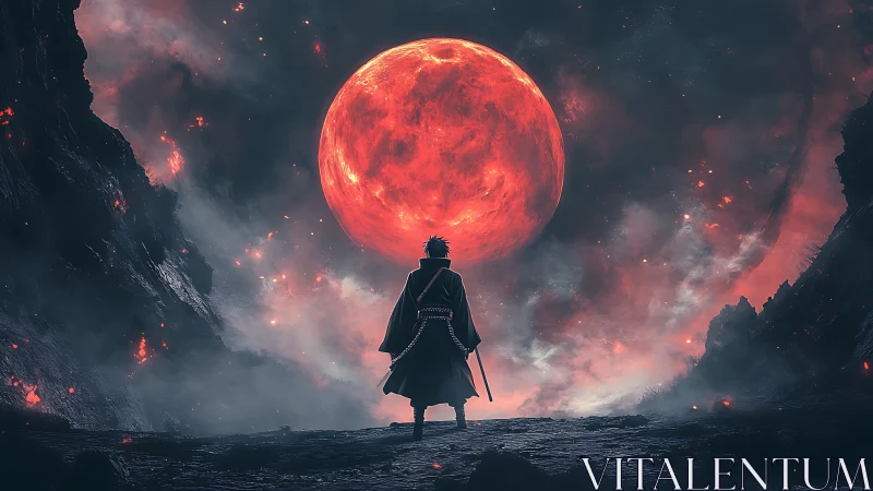 Lone warrior silhouetted before colossal crimson moon.
