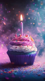 Vibrant cupcake with lit spiral candle on bokeh-illuminated fantasy backdrop