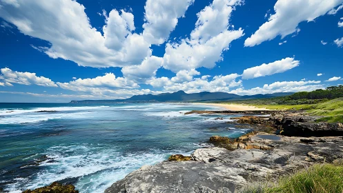 Rocky coastline under sweeping cumulus clouds at noon