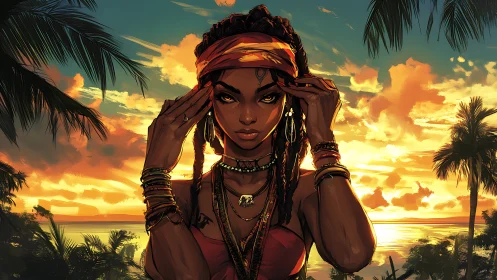 Caribbean sunset portrait of braided woman in layered jewelry