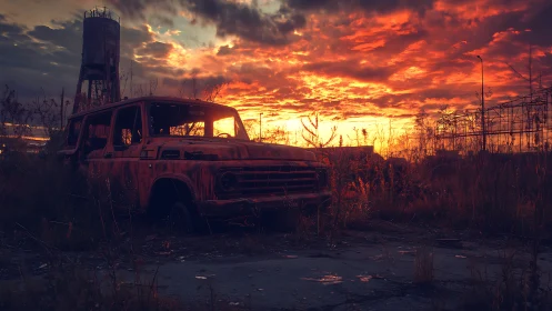 Rustquiet station wagon basking in apocalyptic sunset flare.