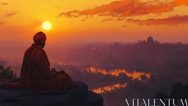 Solitary robed figure overlooking luminous river at sunset.