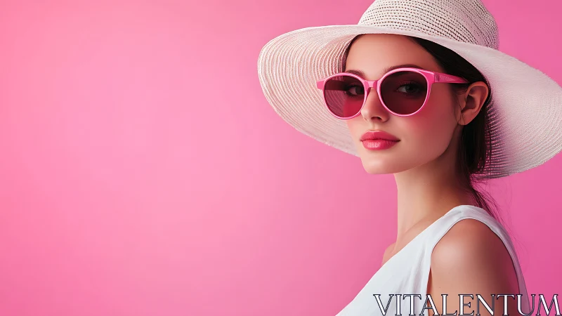 Stylish woman in pink sunglasses poses before vivid backdrop