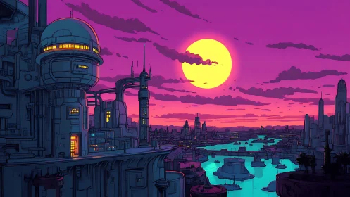Neon magenta cyberpunk river city under oversized sunset