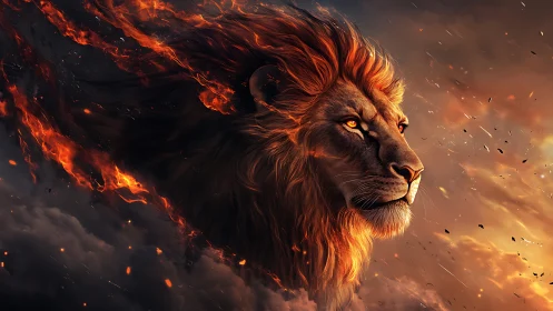Lion head rendered in blazing fire among dark storm clouds