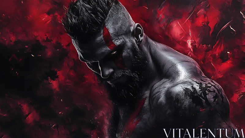 Digital painting of war-marked warrior in crimson motion field.