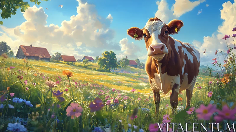 Brown white cow stands in sunlit wildflower meadow foreground