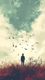 Solitary dreamer beneath wild birds and painted sky.