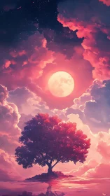 Solitary red tree beneath full moon in vivid sky.
