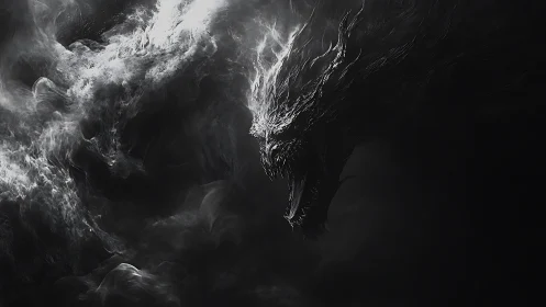 Monochrome spectral dragon head emerges from dense vapor