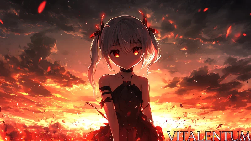 Fiery anime girl against burning sunset skyscape.