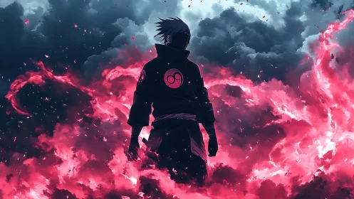 Storm-draped shinobi strides through blooming crimson fire