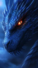 Blue dragon close-up shows glowing ember eye in misty night