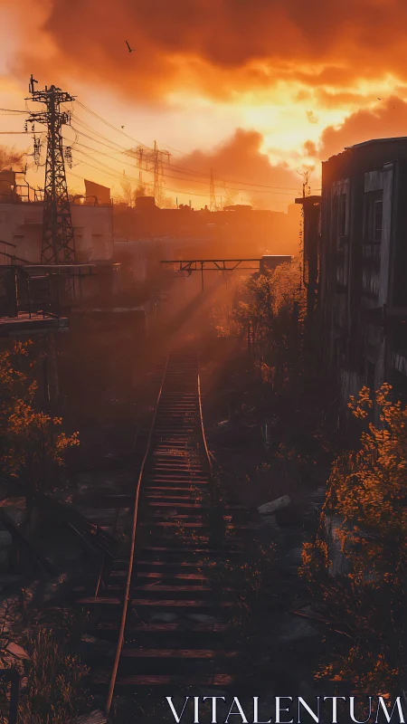 Rusted rail line under incendiary post-apocalyptic sunset.