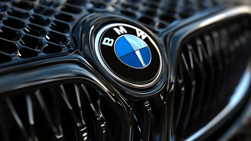 Chrome wings cradle the blue BMW emblem in glossy focus