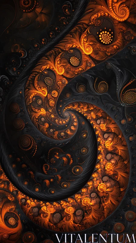 Spiral fractal pattern with orange and black recursive forms.