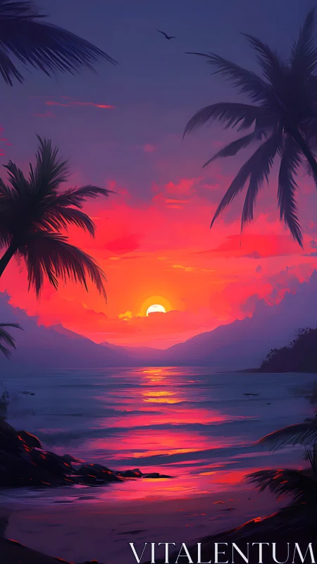 Tropical digital seascape with neon sunset horizon glow.