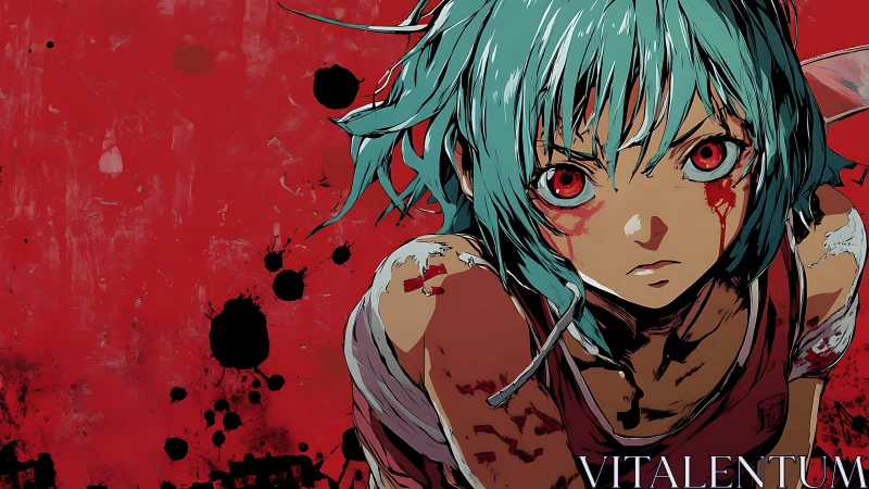 Blood-splattered teal warrior glares through a storm of red