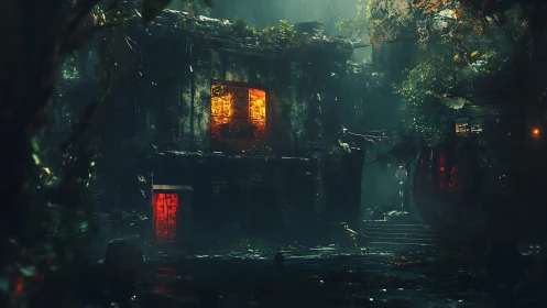 Rain-drenched jungle ruin with luminous red apertures at night.