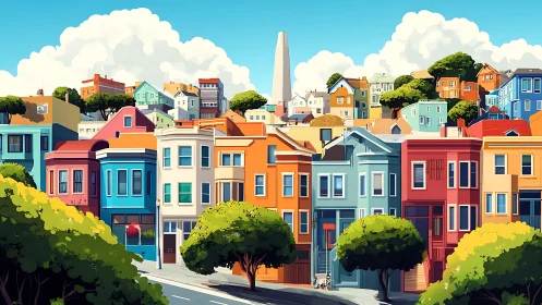 Colorful hillside city block with bright row houses.