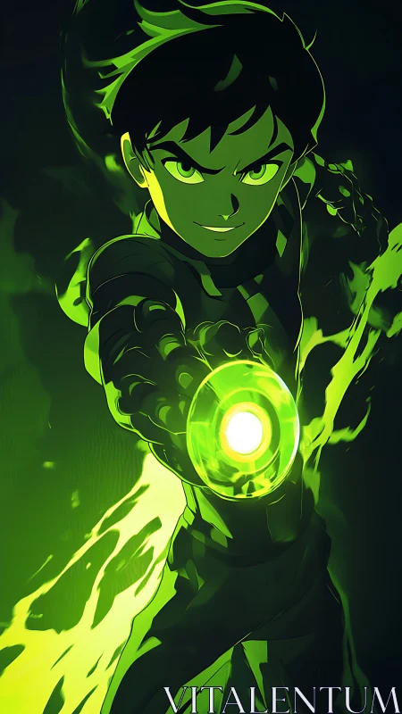 Dynamic green-lit hero projects concentrated energy blast forward