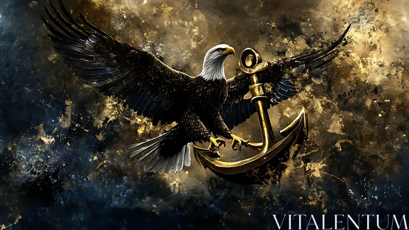 Bald eagle clutching golden anchor amid high-contrast splatter field