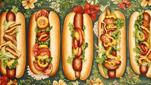 Row of colorful gourmet hot dogs on floral background.