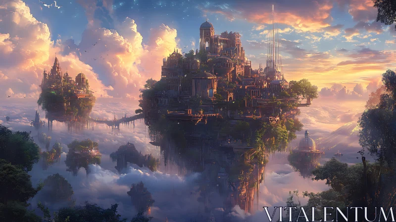 Floating citadel above clouds under radiant sunset sky.