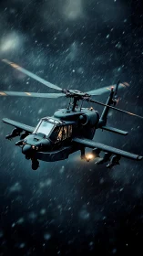 Storm-forged gunship knifes through ice-dark battlefield sky.