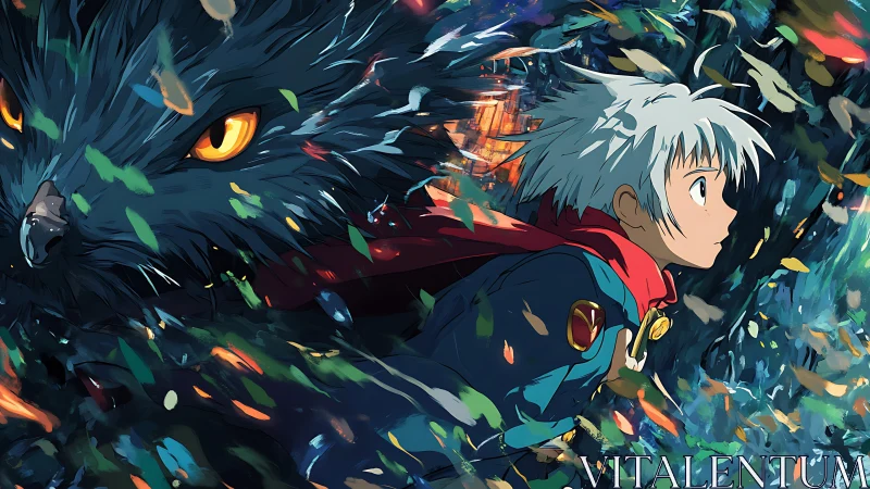 Storm of spirit feathers around boy and spectral beast.