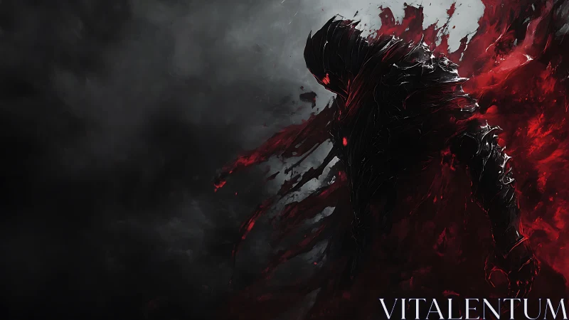 Shadow warrior in red-black armor amid swirling smoke.