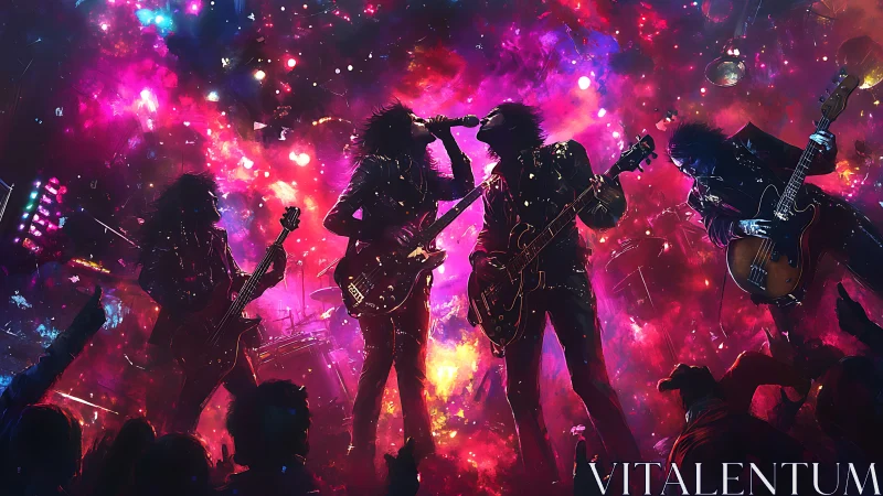 Backlit rock band silhouettes in neon magenta particle burst