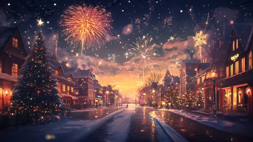 Snowlit main street sparkles under jubilant holiday fireworks.