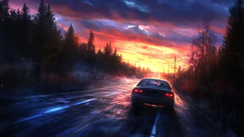 Car on wet forest highway under vivid sunset sky.