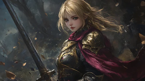 Stormlit knight maiden steadies her blade against duskfall