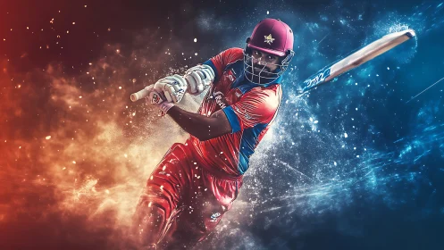 Powerful cricket batter exploding through swirling colors.