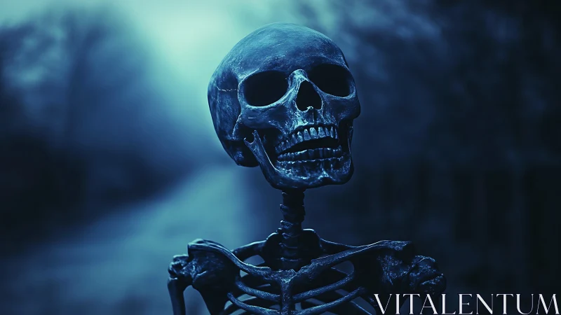 Nocturnal skeletal portrait under cold volumetric blue fog.