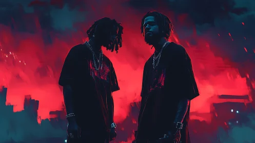 Urban duo silhouette against neon red night sky.