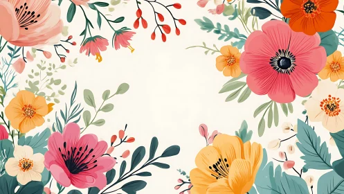 Botanical Floral Pattern with Pink, Orange, Yellow Blooms